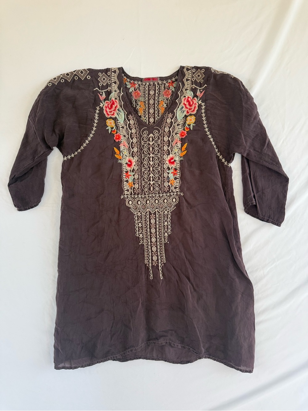 Johnny Was Embroidered V Neck 3/4 Sleeve Cynthia Tunic Floral Blouse Boho